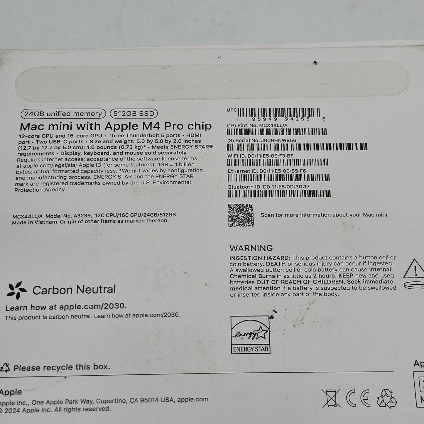 2024 Apple Mac Mini M4 Pro 4.5GHz 24GB RAM 512GB SSD Silver MCX44LL/A