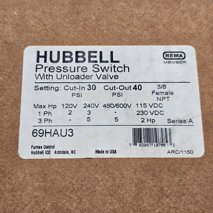 New Hubbell Pressure Switch with Unloader Valve 69HAU3
