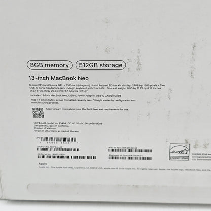 2026 Apple MacBook Neo 13" A18 Pro 5C GPU 4.0GHz 8GB RAM 512GB SSD MHFE4LL/A